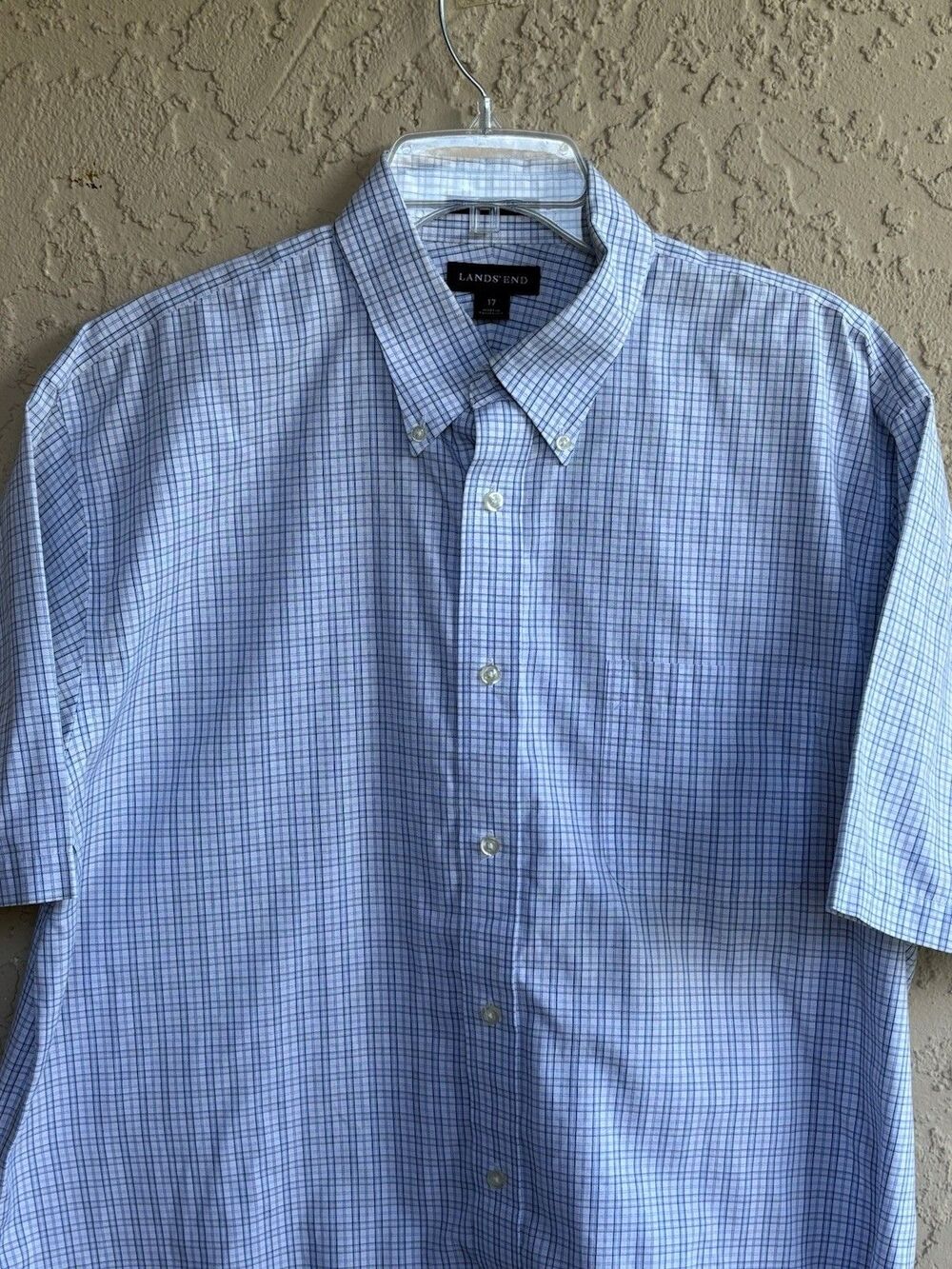 Lands End Men Sz 17 Blue Plaid No Iron Pinpoint Oxford Cotton Short Sleeve shirt